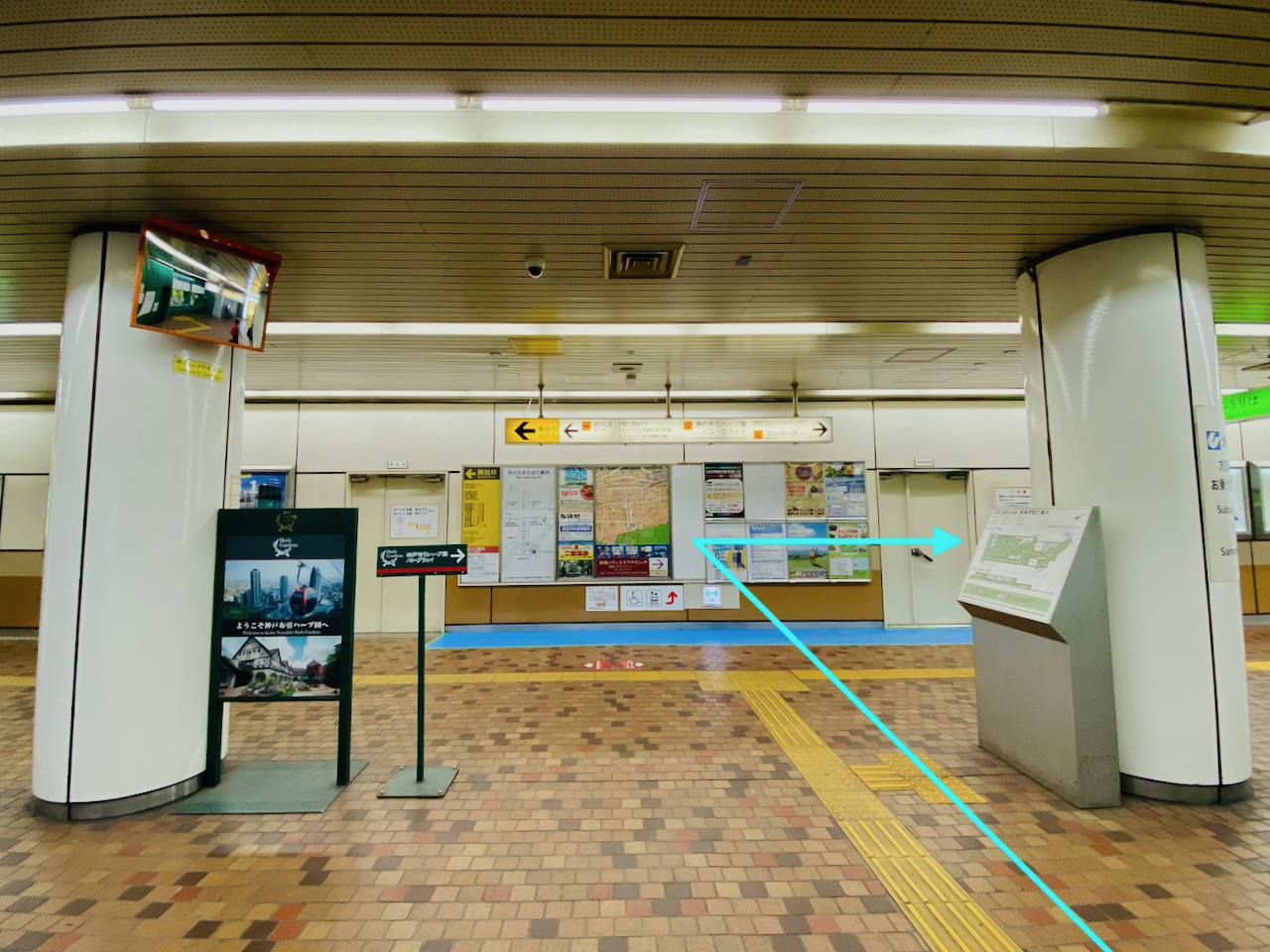 （1）请由神户市营地下铁西神中央・山手线 「新神户站」神户布引神戸布引ハーブ园 / 空中缆车  处的检票口出站，向右直走。